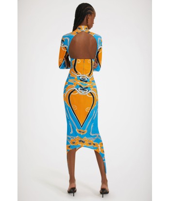 Open-back dress in printed organic stretch seersucker la chaussure