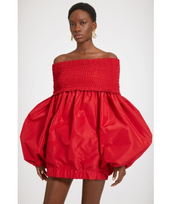 Off-the-shoulder smock mini dress in eco-friendly faille en stock