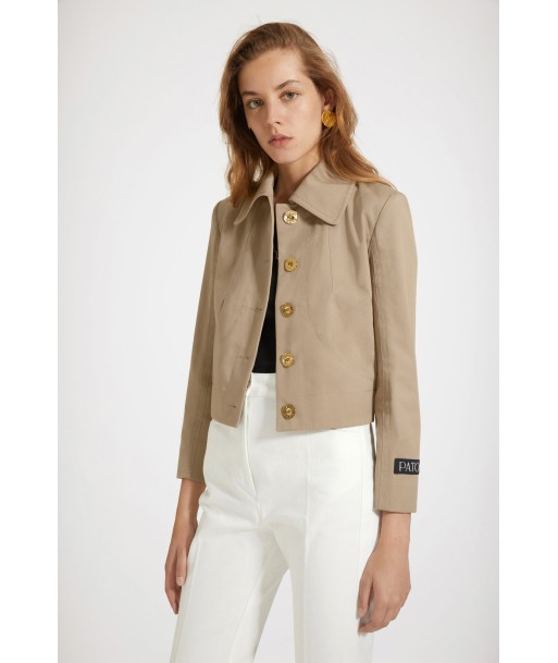 Short tailored jacket in organic cotton gabardine une grave pollution 