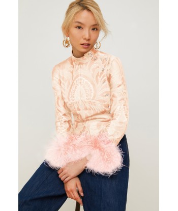 Feather-embellished silk brocade jacket en linge