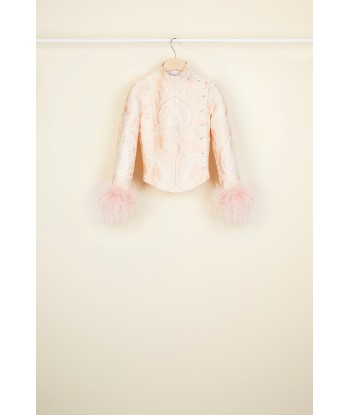 Feather-embellished silk brocade jacket en linge