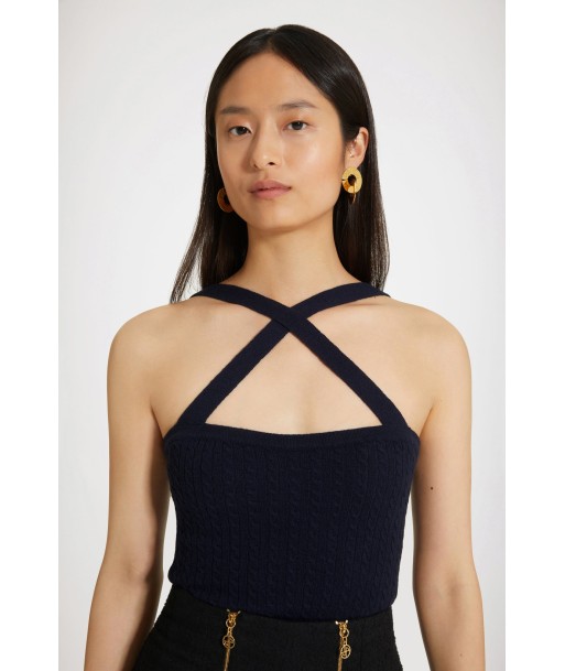 Cross-strap cable knit top in wool and cashmere Paris Déstockage Promo